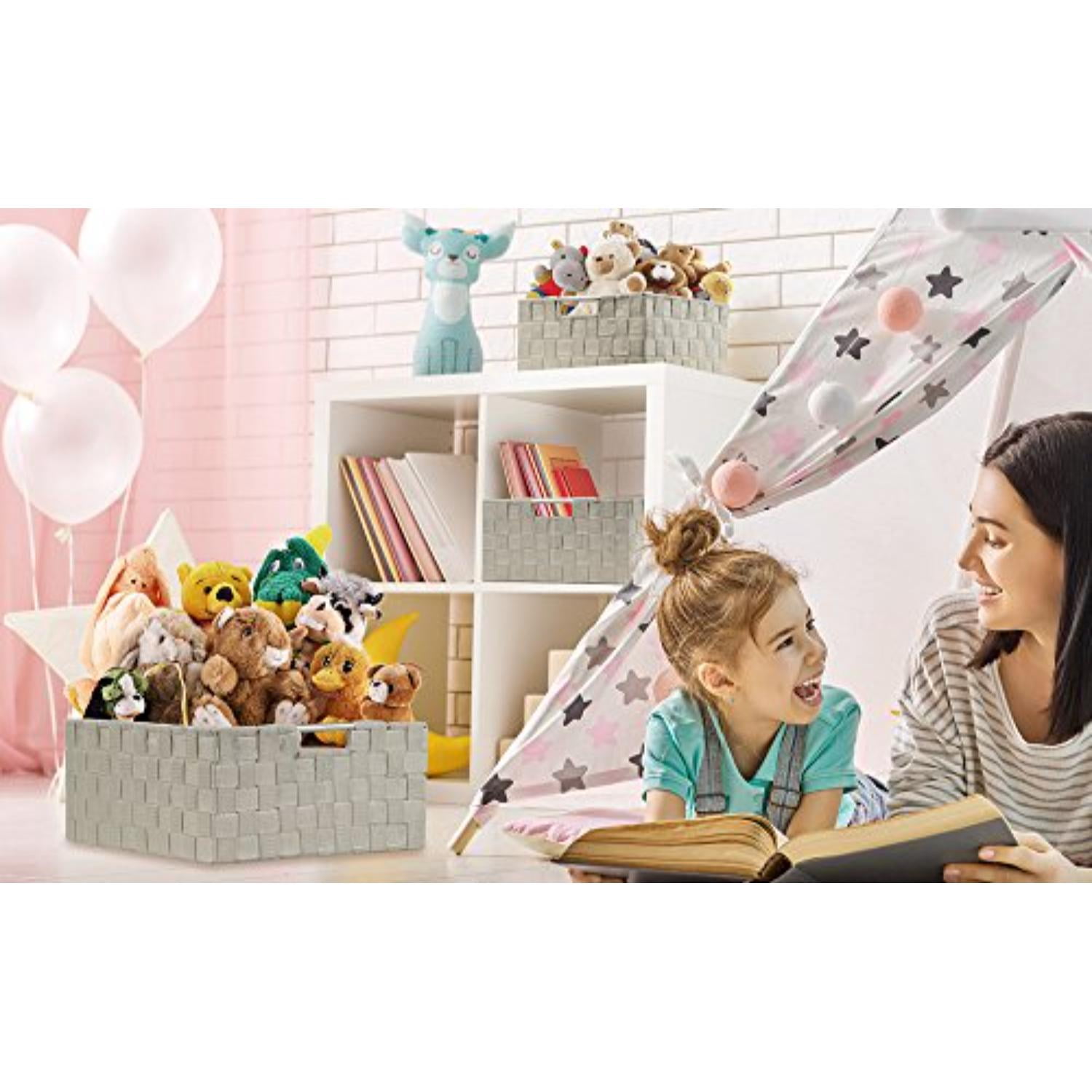 Sorbus 3 Piece Woven Storage Basket Set, Stackable Cube Bins with Handles, Beige Organizer Totes