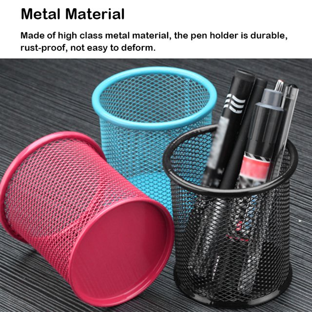 Mesh Metal Pen Holder Pot Smooth Edge Fashion Table Container Eraser Ruler Caddy Desk Stationery Holders Organizer Office Round/Green