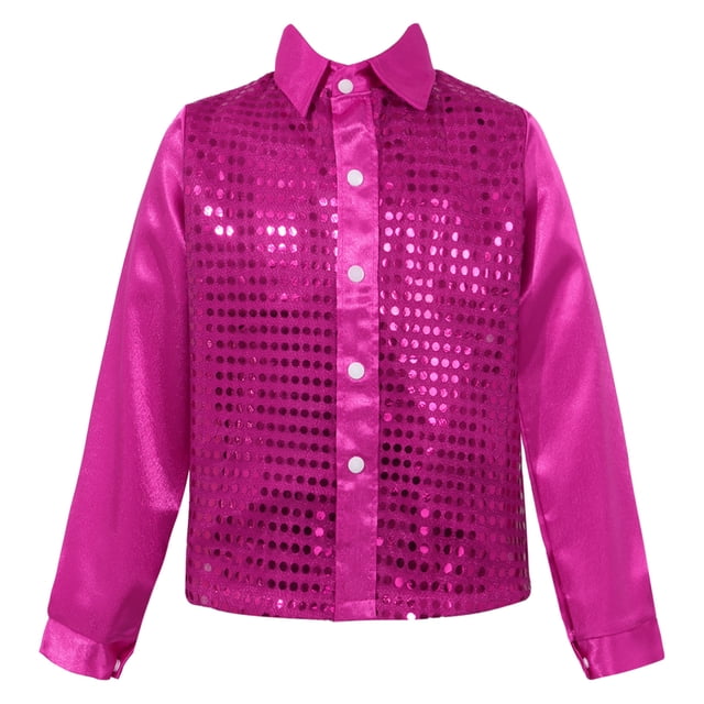 MSemis Chemises à Sequins pour Enfants Garçons Filles Costume de Danse de Rue Jazz Latin Rose Vif 130