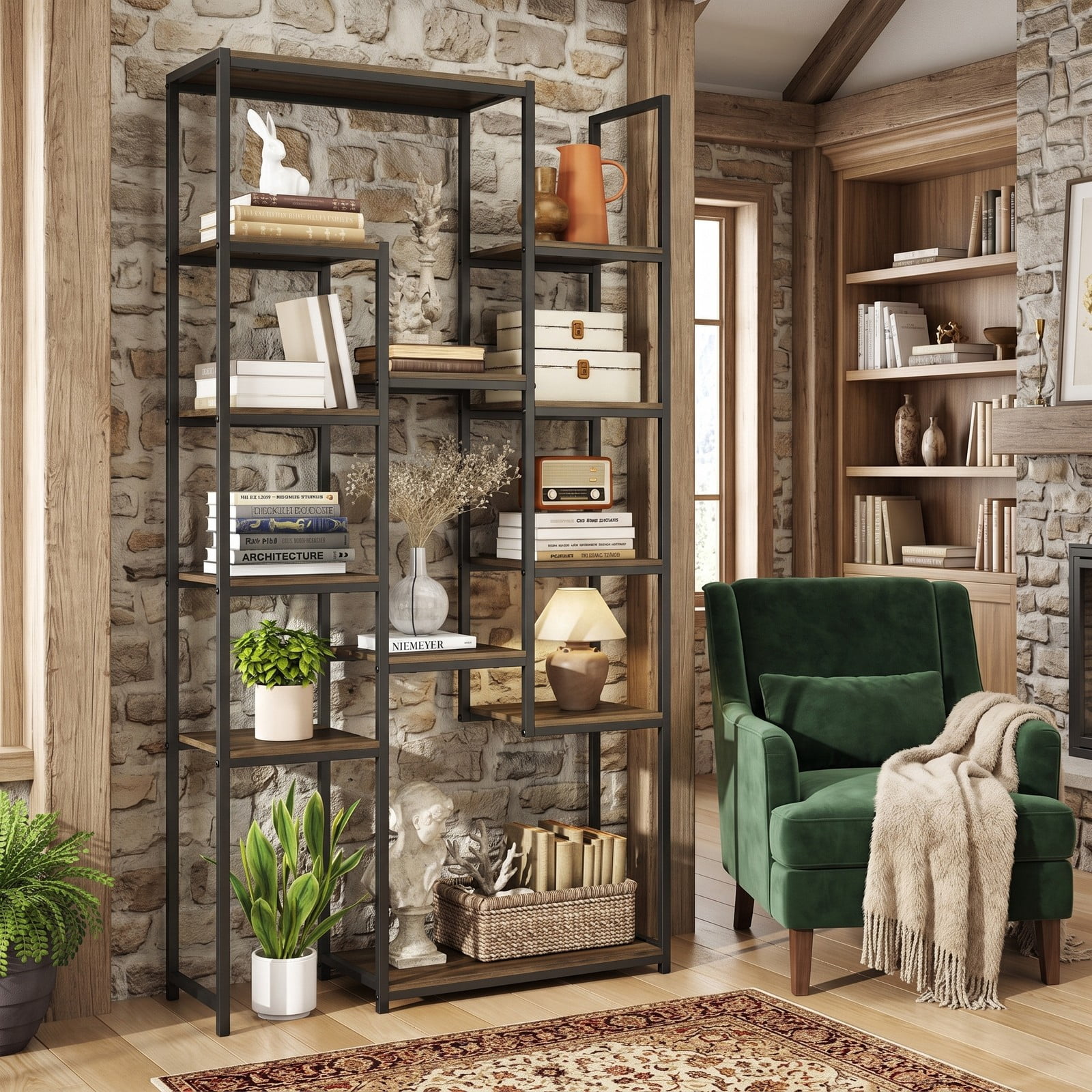Furnibear 71 Inch Tall Vintage Geometric Bookshelf, 12 Open Shelves Freestanding Bookcase, Industrial Wood and Metal Display Storage Rack with Anti-Tipping Kit, Walnut