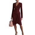 thumbnail image 2 of Women's Solid Color Bodycon Skirt Long Sleeve V-Neck Pleated Design Dress for Spring and Autumn Fashion and Slim Fit,Wine,L, 2 of 5