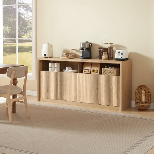 67" Wooden Sideboard Buffet Cabinet with LED Lights and Outlets, 4-Compartment Storage, Natural