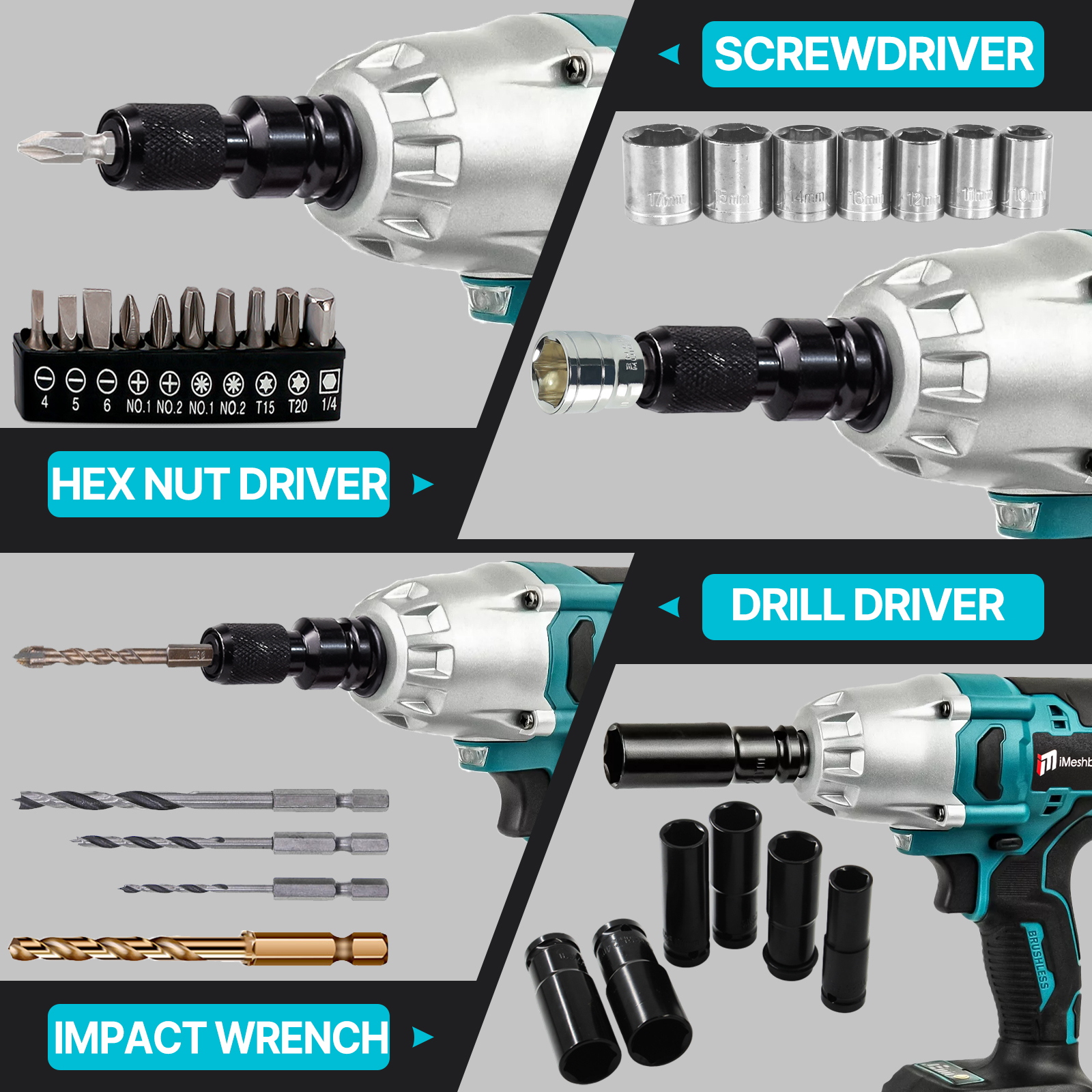 iMesheban 3/8" Brushless Electric Cordless Ratchet & 1/2" High Torque Drill Impact Wrench Impact Power Tool