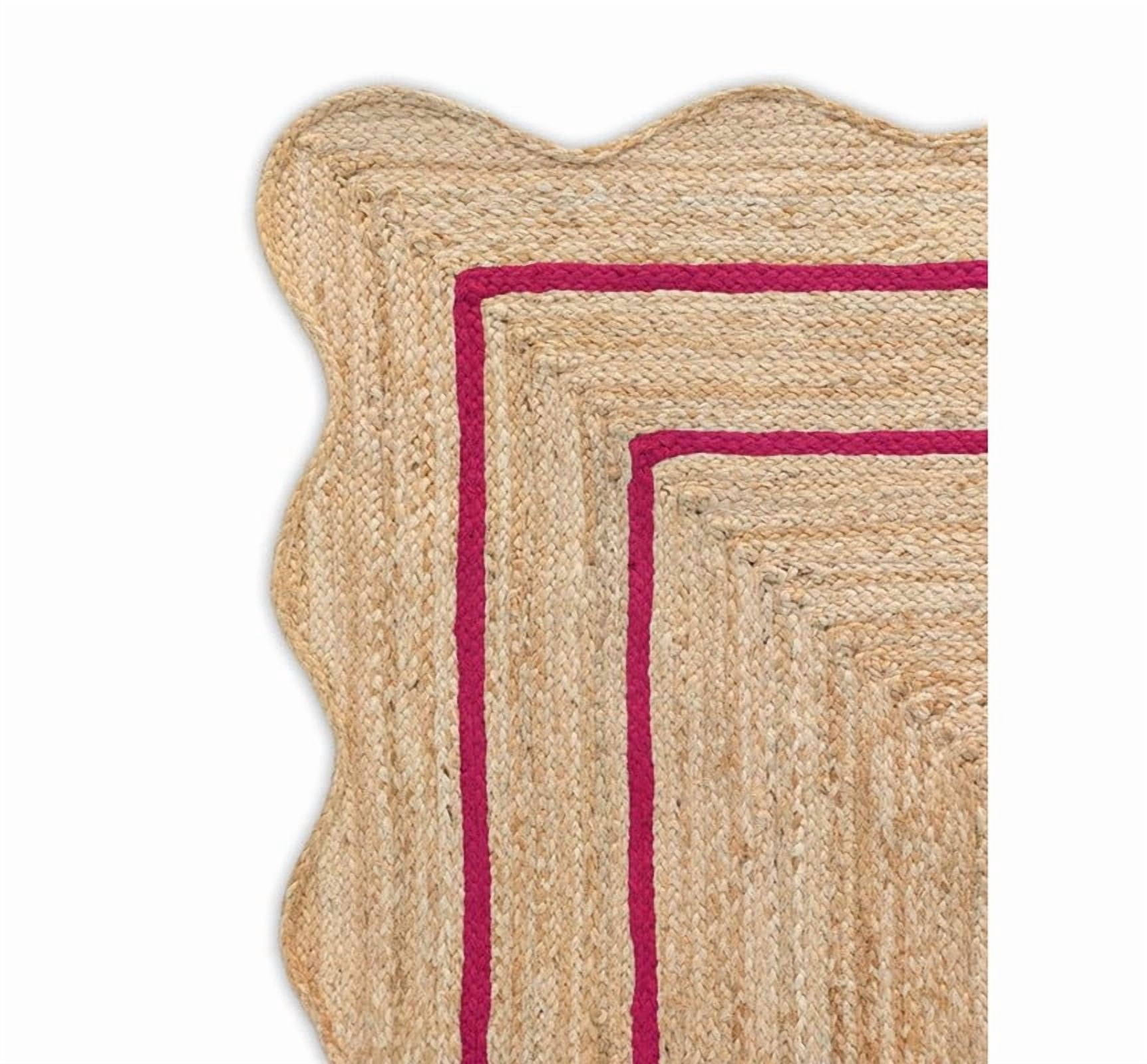 Wave Scalloped Natural Jute Rug, Handmade Boho Farmhouse Braided Eco-Friendly Indoor Carpet for Living Room, Bedroom, Hallway, Dark Pink, 2 X 12 FT