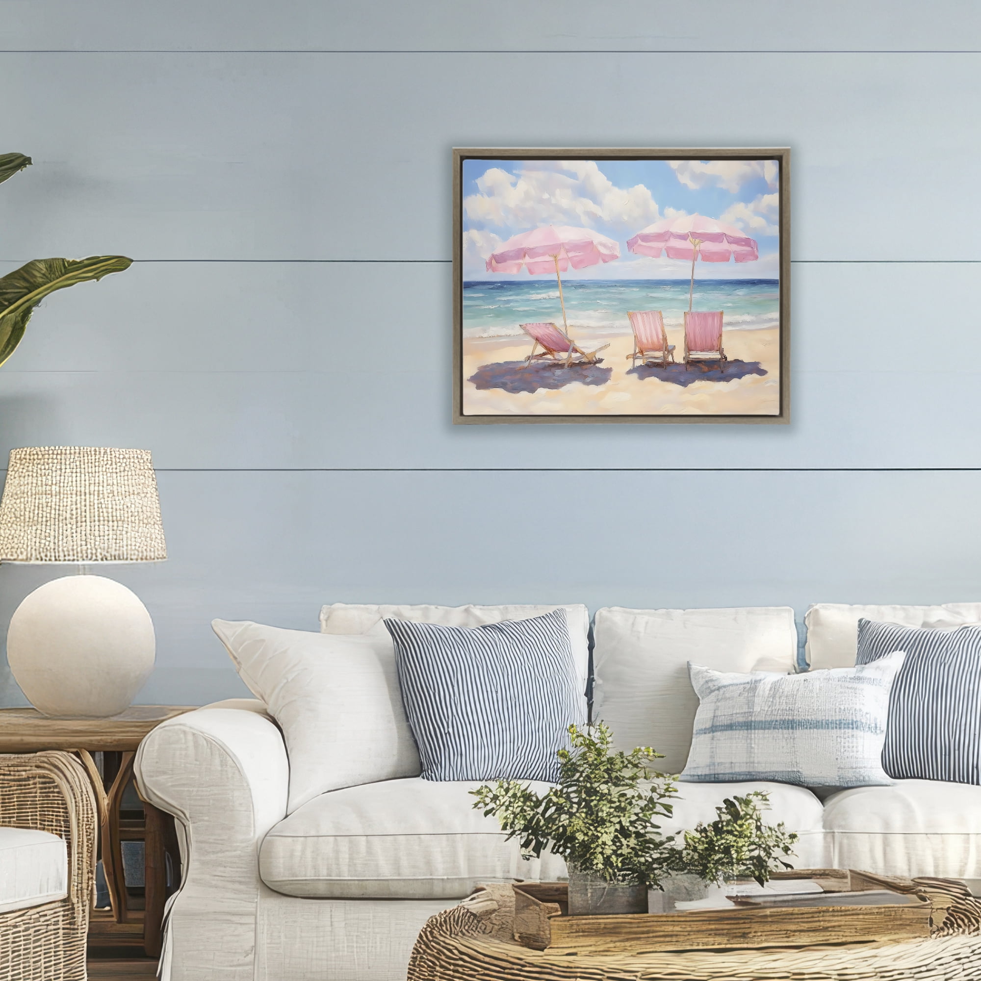 Stupell Industries Pink Summer Chairs by the Sea Brown Framed Floater Canvas Wall Art, design by LSR Design Studio
