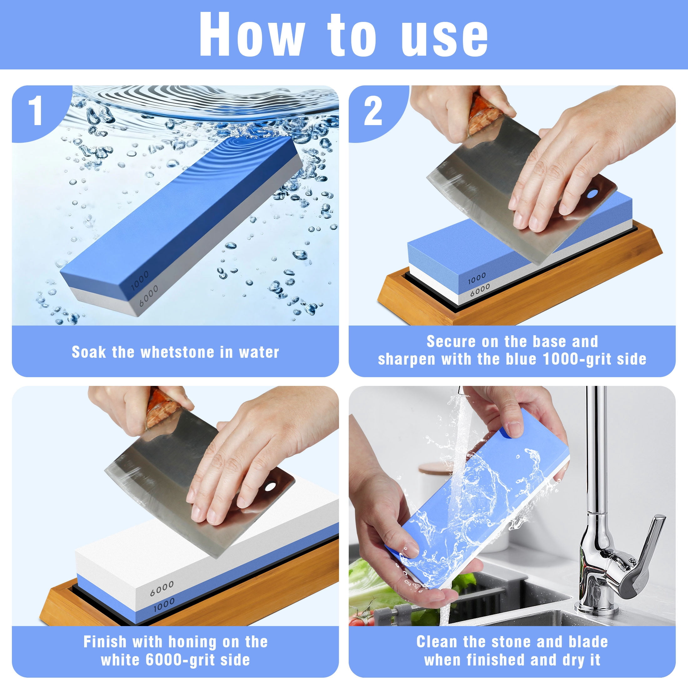 Whetstone Knife Sharpening Wet Stone, 2 Side 1000/6000 Grit Waterstone Sharpener Kit with NonSlip Bamboo Base