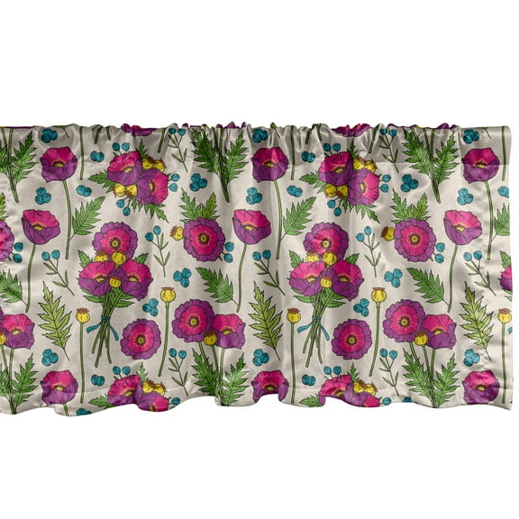 Ambesonne Botanic Valance Pack of 2, Poppy Flower Bouquet Leaves, 54"X12", Green Pink Pale Eggshell