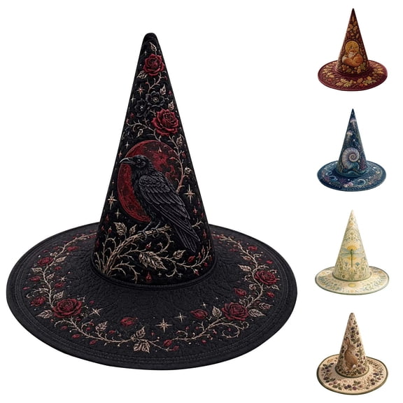 Breezora Quilted Witch Hat For Women Halloween Cosplay Hat With Red Moon Rose Print Wide Brim Pointed Witch Costume Hat For Decor