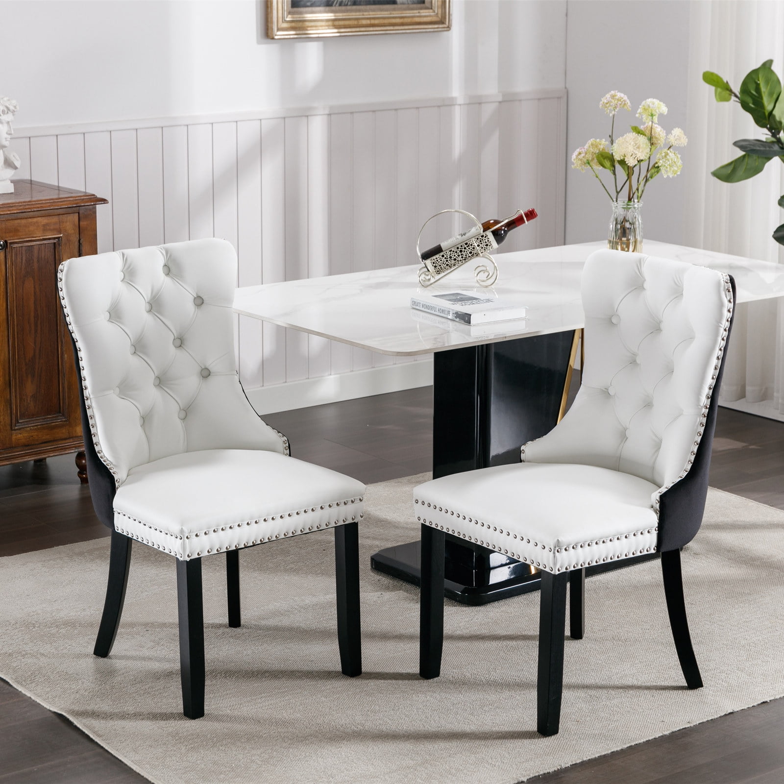 Gewnee 2 Piece Sets Modern High-end Tufted Solid Wood Contemporary PU and Velvet Upholstered White+Black Dining Chair with Wood Legs Nailhead Trim