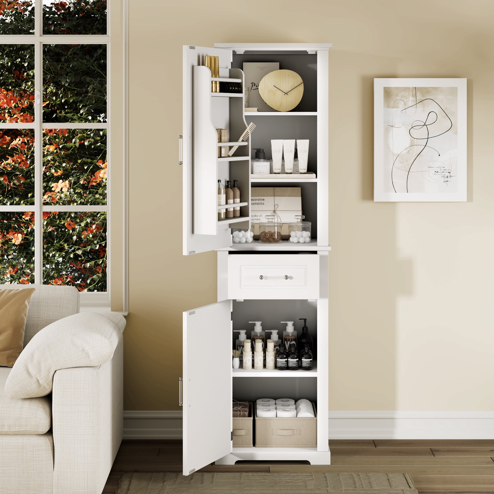Euroco Tall Bathroom Storage Cabinet, Freestanding Storage Cabinet with Two Different Size Doors and Adjustable Shelf, Door Shelve Design, MDF Board with Painted Finish, White