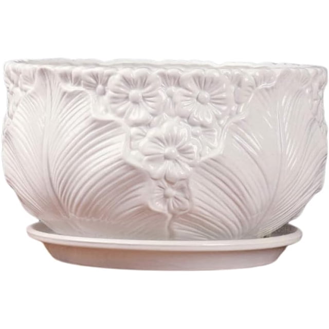 Extra Large White Wide Mouth Ceramic Flower Pot Modern Round Balcony Green Plant Pot Plant Pots Indoor Ceramic White Flower Planter Pots with Saucers Creative Different Patterns-Style 2