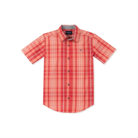 Calvin Klein Short Sleeve Shorts - Boy's Woven Plaid Short Sleeve Button Front Shirt