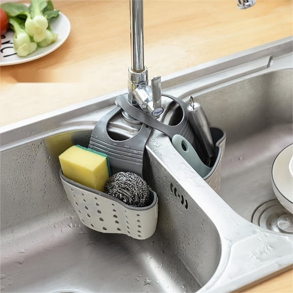 Kitchen Sink Sponge Holder Organizer, Beige Wheat Straw Sponge Holder for Sink with Faucet Hanging Strap & Drainage Design