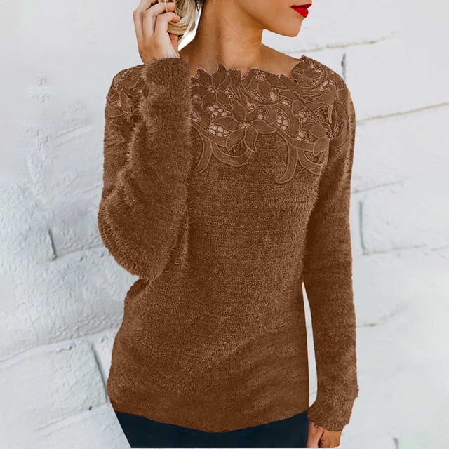 Women's Floral Lace Patchwork Knit Sweater Crewneck Lace Patchwork Solid Color Long Sleeve Casual Knit Pullover Sweater Tops