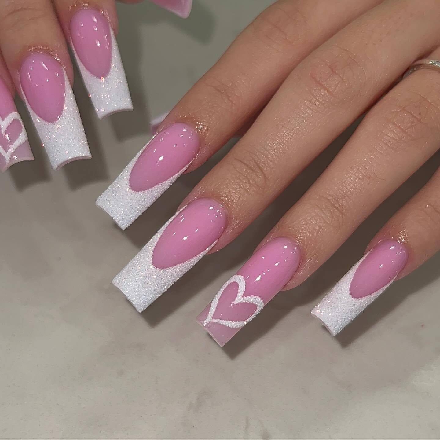 Pink White Glitter French Tip Press On Nails Long Square Fake Nails Heart Accent Design Full Cover Adhesive Press Ons Glossy Acrylic False Nails Nail Tips For Valentine Date Night 24 Pcs