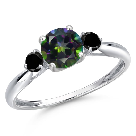 Gem Stone King 10K White Gold Green Mystic Topaz and Black Diamond 3-Stone Ring for Women | 1.20 Cttw | Round 6MM | Gemstone November Birthstone | Size 9