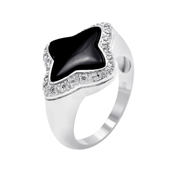 Rhodium Plated Sterling Silver 925 Simulated Black Onyx Clear CZ Flower Ring White Female Size 6