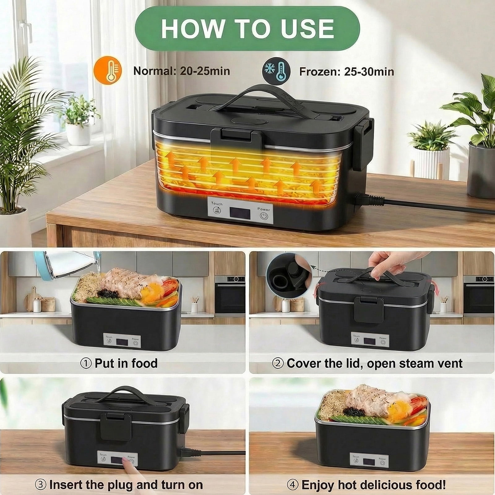 Electric Lunch Box Food Heater, Upgrade 100W High Power Portable Food Warmer, Heated Lunch Box for Adults Car/Home with 2L Removable Stainless Steel Container, 12V/24V/110V/220V,Black