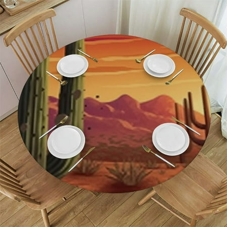 

Tropical Cactus Round Tablecloth with Elastic Edge Desert Plant Fitted Table Cloth Waterproof Wipeable Round Table Cover