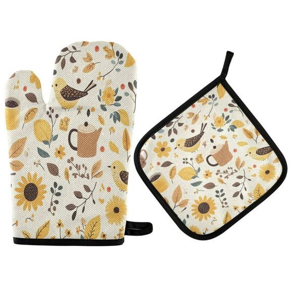 Yayeee Oven Mitts and Pot Holder Set of 2 Heat Resistant Kitchen Gloves Baking Hot Pad, Beige Birds Floral