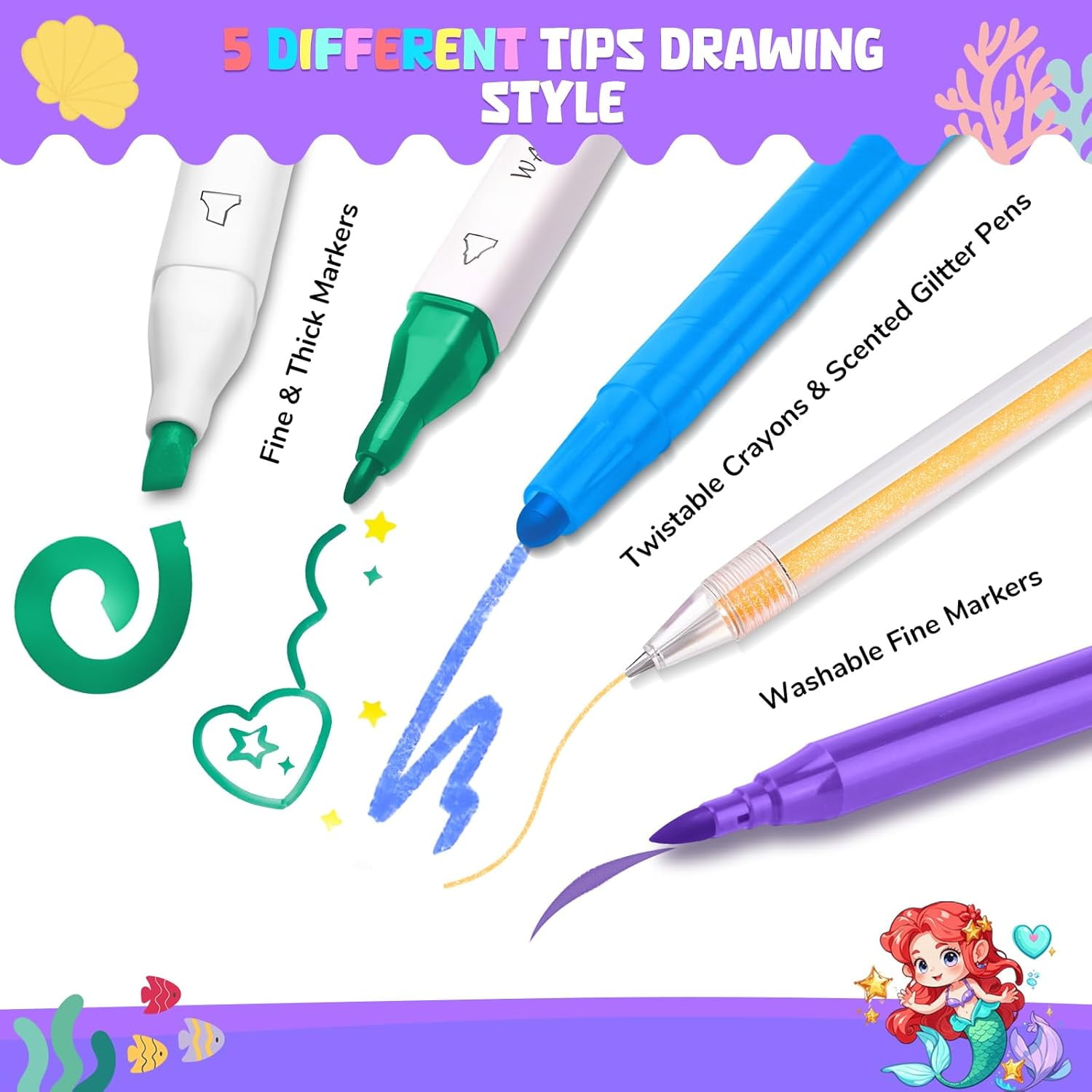 70PCS Mermaid Washable Markers Set with Glitter,Art Supplies for Kids Ages 4-6-8,Drawing Coloring Art Craft Kits for Girls with Marker,Glitter Pens,Crayon,Birthday Gifts Toys for Girls