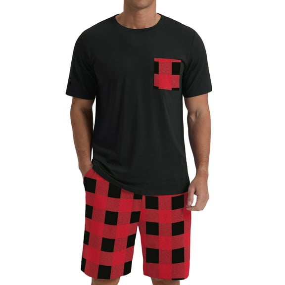 GIRUNS Men's Pajama Set Lightweight Sleepwear Sets Crew Neck Short Sleeve and Shorts Loungewear with Pocket Red Plaid L