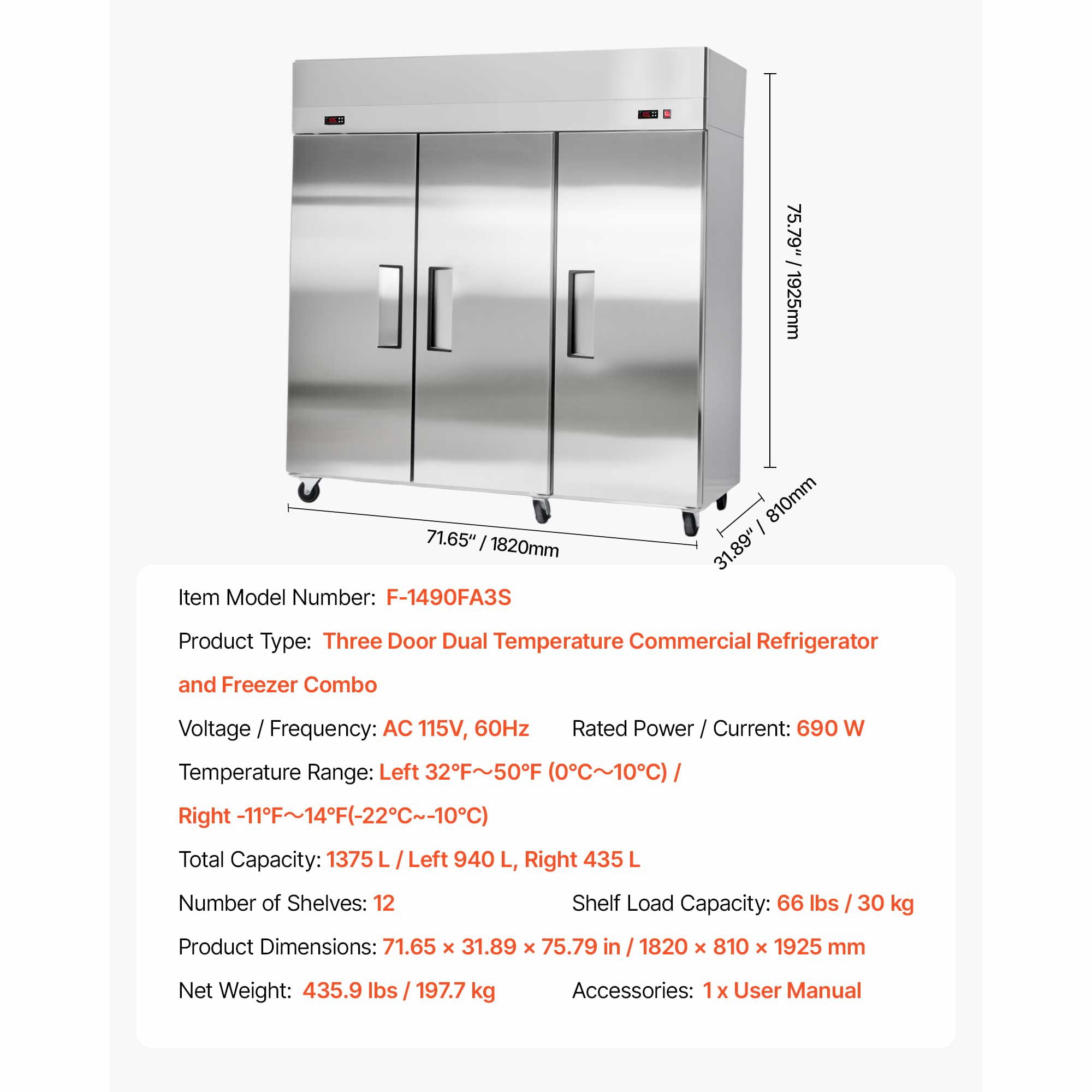 KFFKFF Commercial Refrigerator and Freezer Combo 72"W, 51 Cu.Ft Stainless Steel Upright Unit with Three Doors, Auto-Defrost, 9 Adjustable Shelves, UL Certified