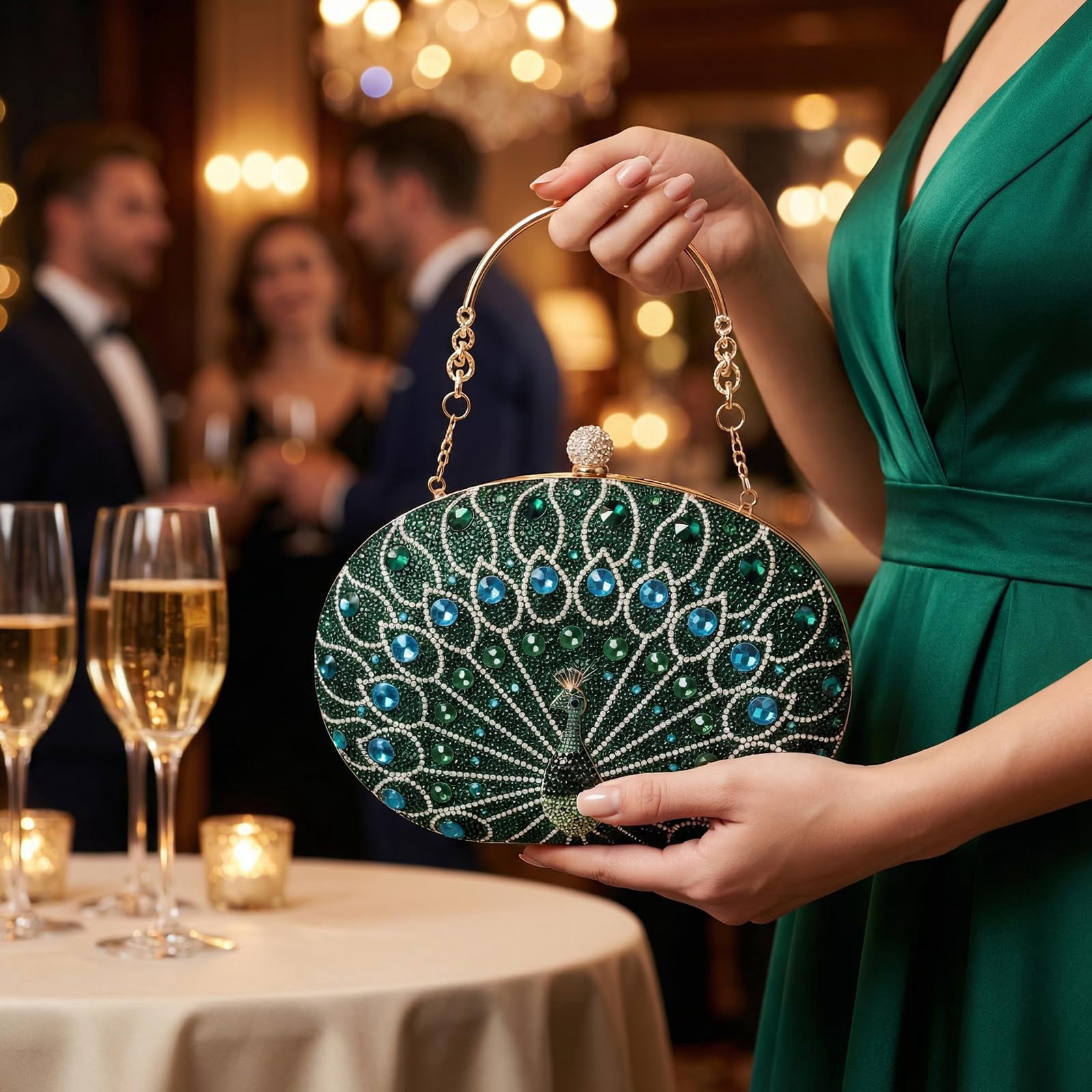 Rhinestone Clutch Purses for Women Emerald Green Peacock Purse, Elegant Evening Bags for Wedding Formal Party (1 Pack)