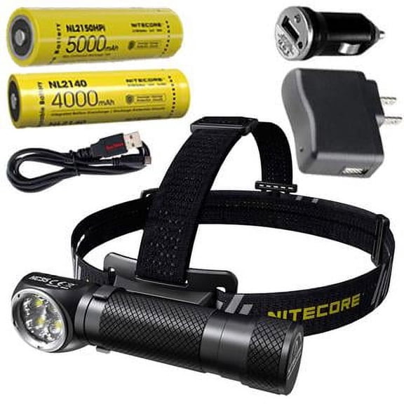 Combo: Nitecore HC35 Rechargeable LED Headlamp -2700Lm w/NL2150HPi  and  NL2140 Batteries  Eco-Sensa USB Charging Cord w/Car  and  Wall Adapters