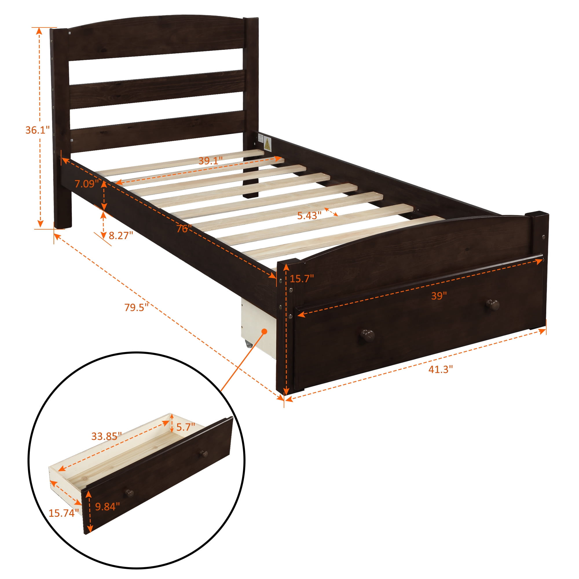 Gewnee Twin Size Wood Platform Bed Frame with Headboard and Big Storage Drawer for Kids,Espresso