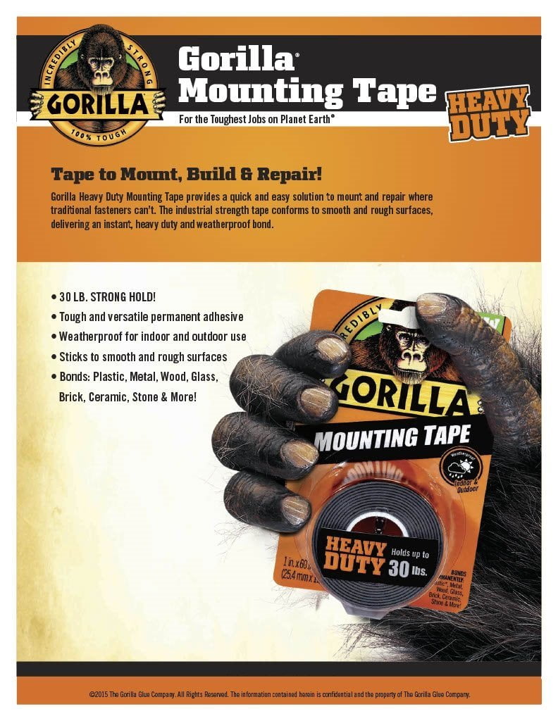  Gorilla Heavy Duty Double Sided Mounting Tape, Hanging, Instant  60lb Strong Hold, Permanent Bond, Weatherproof, 1 in x 120 in, Black, (Pack  of 2) : Office Products