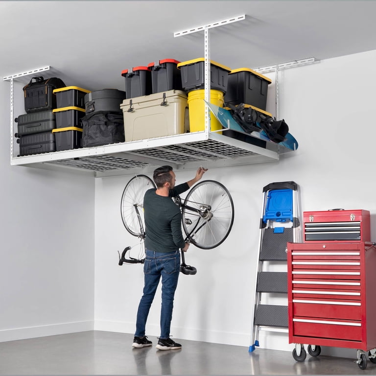 FLEXIMOUNTS 4x8 Overhead Garage Storage Rack – 600 Lbs Capacity, Heavy Duty Metal Frame, 22"-40" Drop Down, No Decking Included, Black