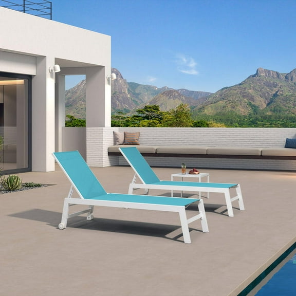 PURPLE LEAF Outdoor Chaise Lounge Set of 3, White Aluminum Lounge Adjustable Chairs with Wheels and Table for Patio Deck Pool Yard,Turquoise