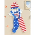 thumbnail image 5 of vera natura 4th of July Baby Boys Outfits Letter Print Short Sleeve Rompers Stripe Stars Print Suspender Long Pants Hat 3Pcs Clothes Set, 5 of 9