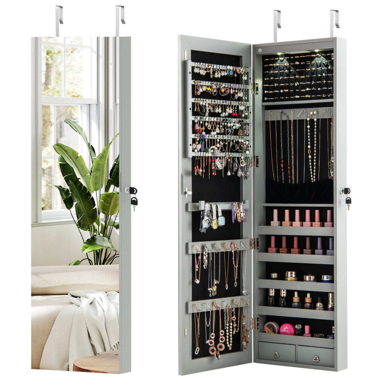 Furnibear Wall and Door Mounted Mirrored Jewelry Cabinet with Lights for Bedroom Dressing Room Jewelry Necklace Rings Storage Mirror, Gray