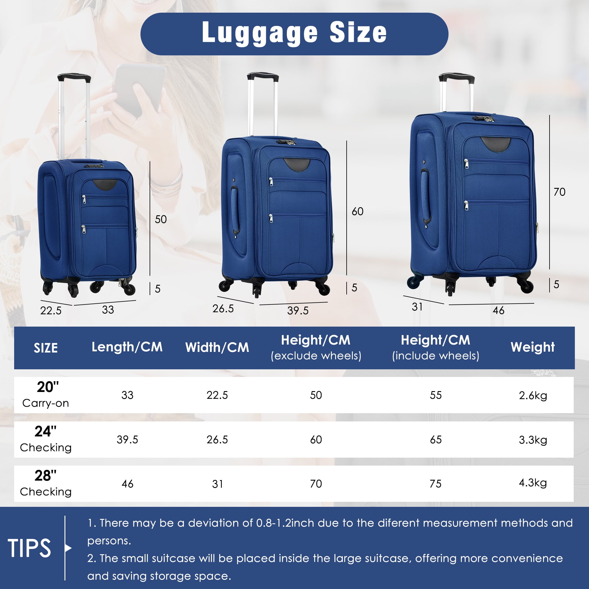 PAPROOS 3 PCS Luggage Set with Duffel Bag, Lightweight Carry on Softside Suitcases Set, 20in 24in 28in Expandable Suitcase with Spinner Wheel and TSA Lock, Softshell Luggage Travel Set, Navy Blue