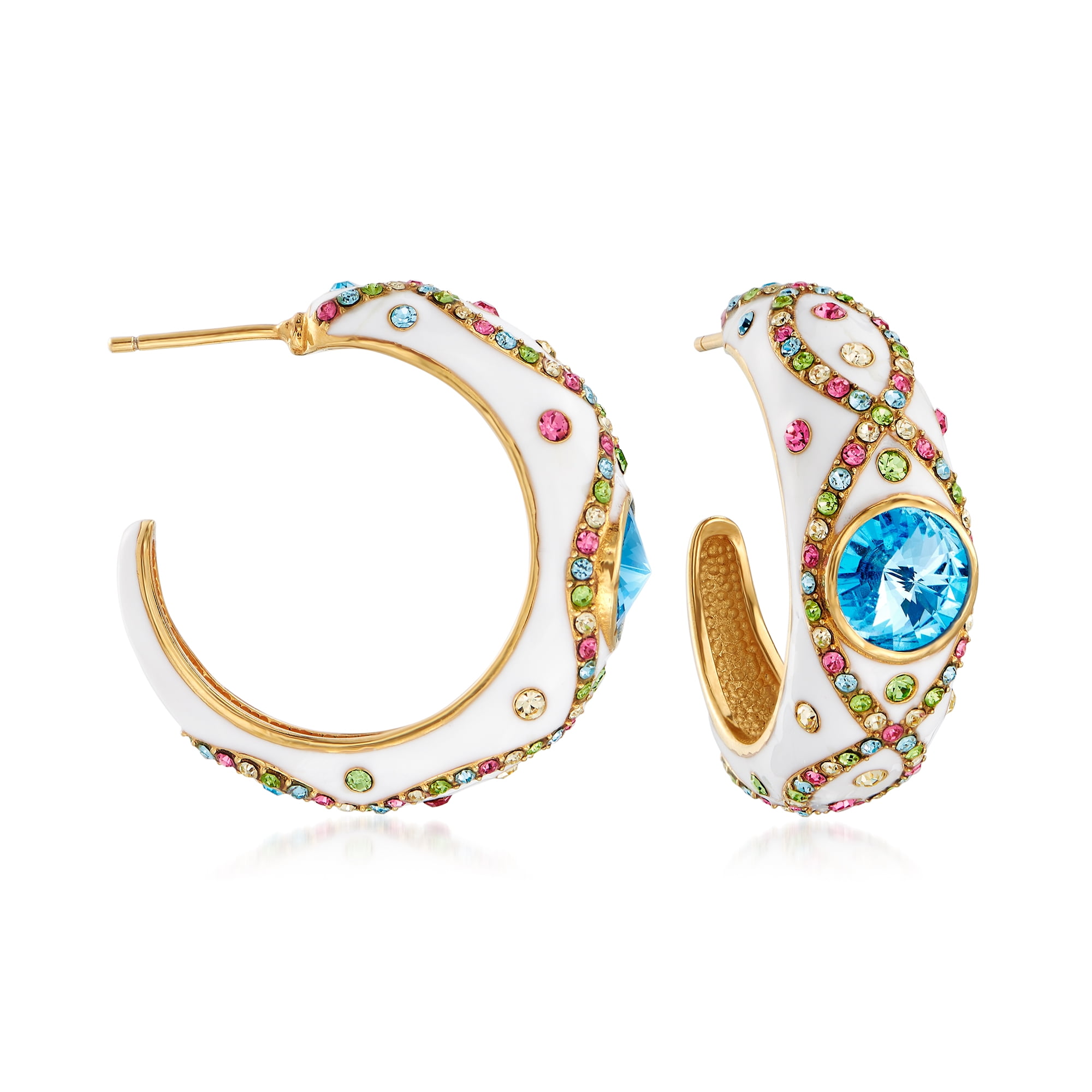 Ross-Simons Multicolored Crystal and Blue Swarovski Crystal Hoop Earrings  With White Enamel in 18kt Gold Over Sterling