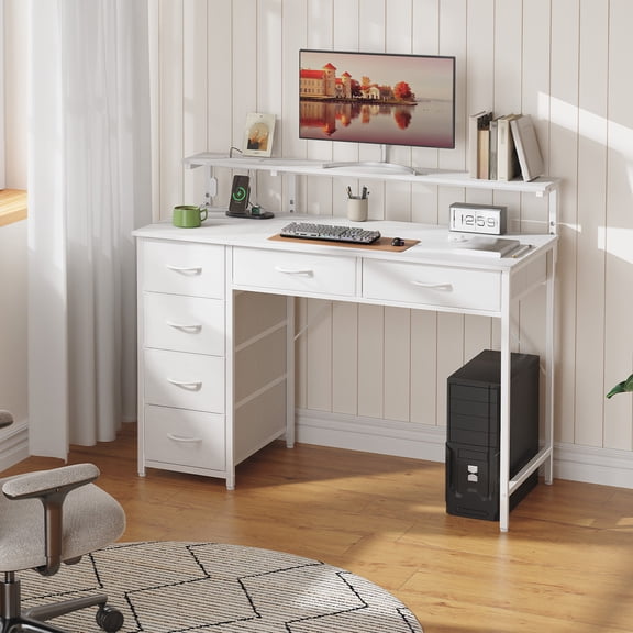 Eunos 39.4 inch White Computer Desk Gaming Desk with Power Outlets & LED Light and 4 Tiers 6 Drawers for Home Office