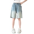 thumbnail image 3 of Huanglei Girls Denim Shorts Summer Casual Loose Fit Mid Thigh Print Green Daily Wear ，Girls Jean Shorts /Size 4-5 Years(Green), 3 of 4