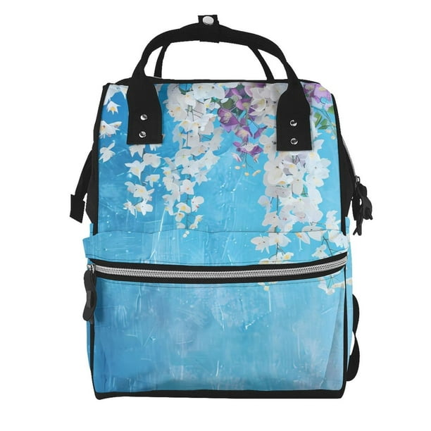 Fotbe Hanging Orchids Floral Blue Mochila Maternidad - Lona de Sarga Impermeable, Mochila de Pañales de Gran Capacidad con Múltiples Bolsillos y Correas Ajustables