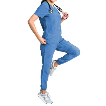 

Medgear Maple Women s Stretch Scrub Set Snap Closure Chest Pocket Top and Gathered Jogger Pants