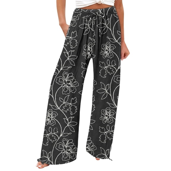 bovemsi Flowy Pants for Women High Waisted Printed Wide Leg Casual Pants Black Summer Outfits for Women L