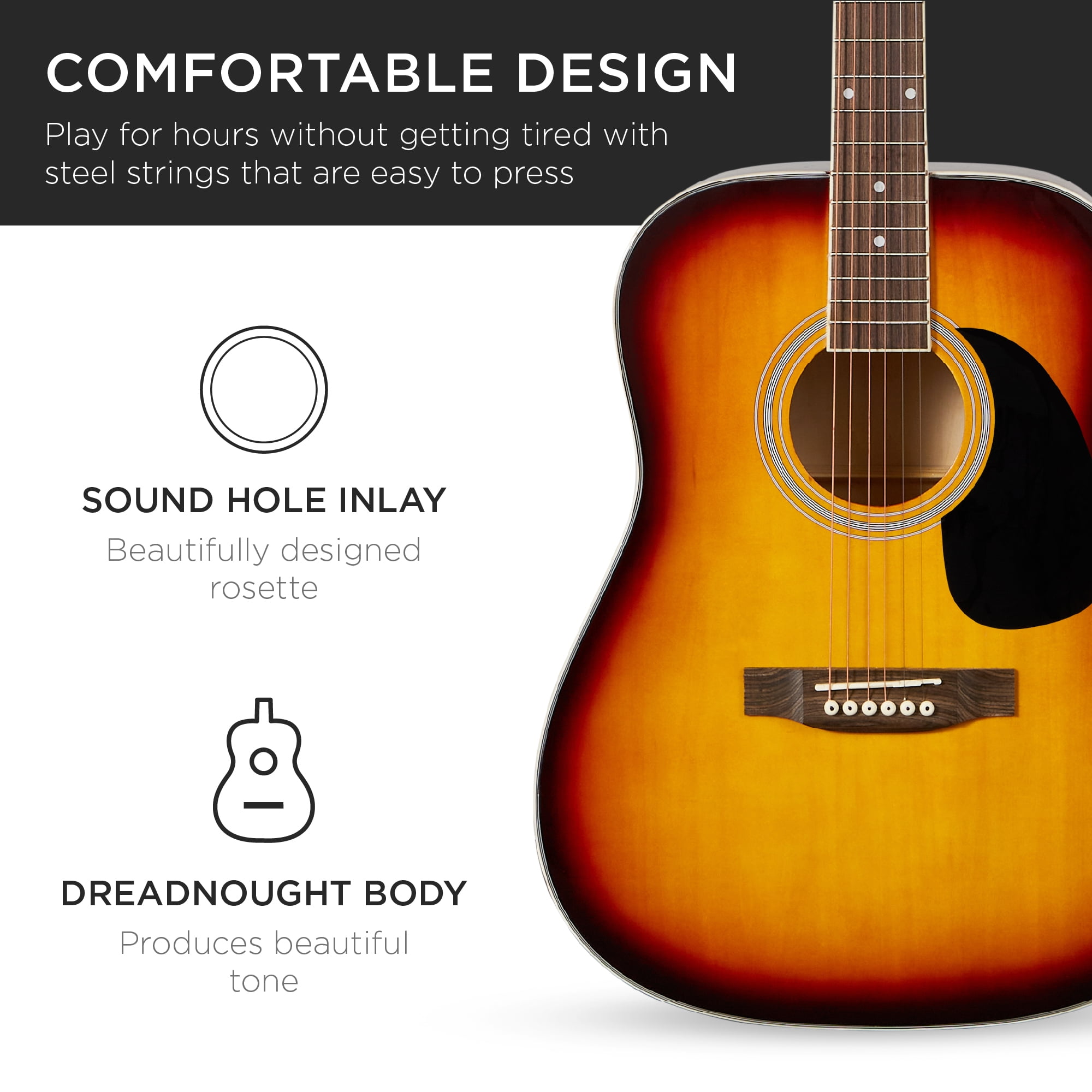 Best Choice Products 41in Full Size All-Wood Acoustic Guitar Starter Kit w/Gig Bag, E-Tuner, Pick, Strap, Rag - Sunburst