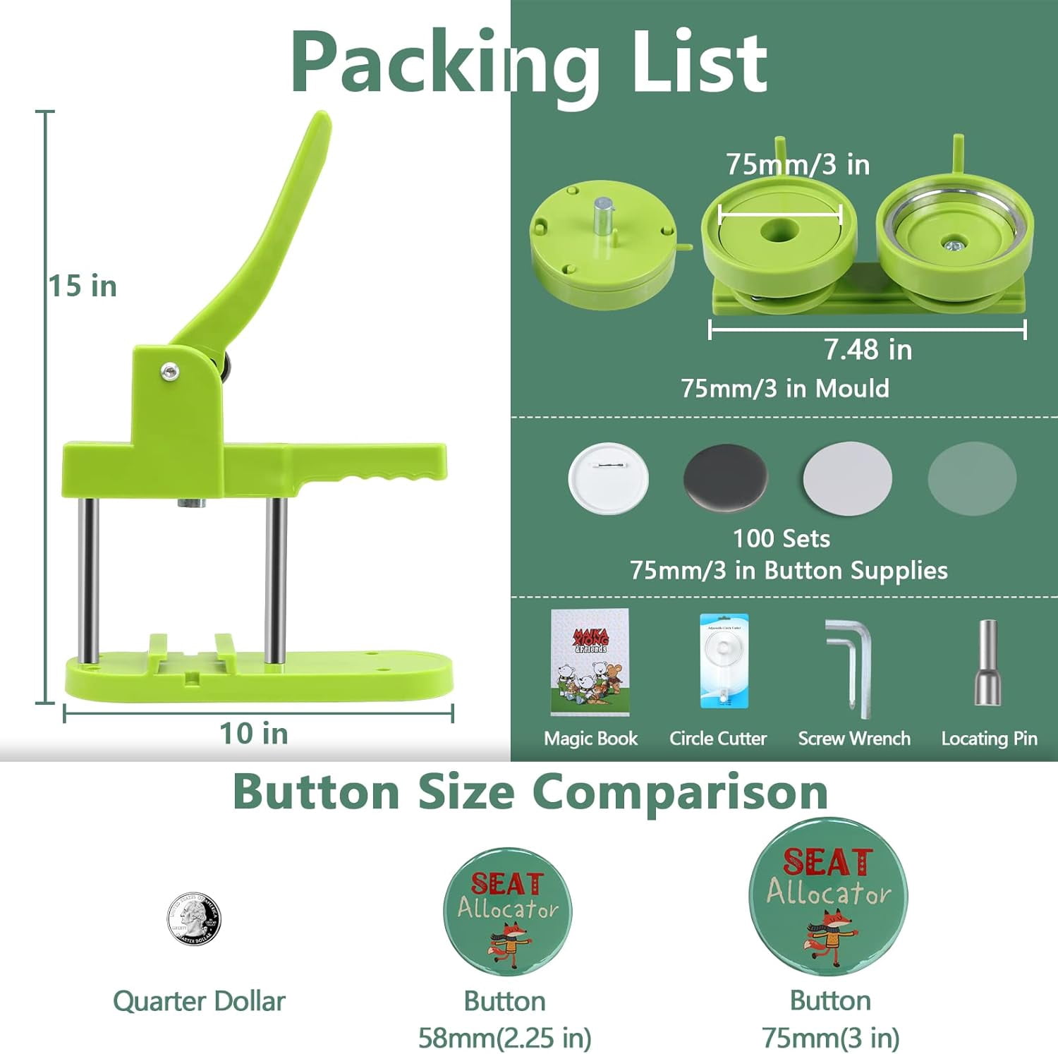 Button Maker Machine, 75mm(3 inch) DIY Pin Button Maker Press Machine Kit, Badge Button Press Machine Pin Maker Machine with Free 100pcs Button Parts&Pictures&Circle Cutter&Magic Book