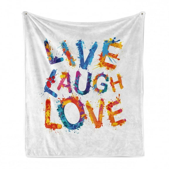 Live Laugh Love Soft Flannel Fleece Blanket, Watercolor Splash Paint Art Style Letters Joyous Delirious Grunge Writing, Cozy Plush for Indoor and Outdoor Use, 60" x 80", Multicolor, by Ambesonne