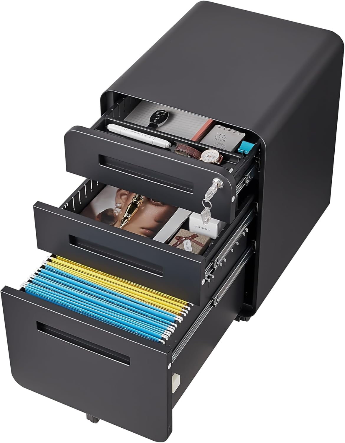 3-Drawer Mobile File Cabinet with Lock, Under-Desk Steel Rolling Cabinet for A4, Letter & Legal Files, 5-Wheel Anti-Tilt, Fully Assembled, Home Office, Black