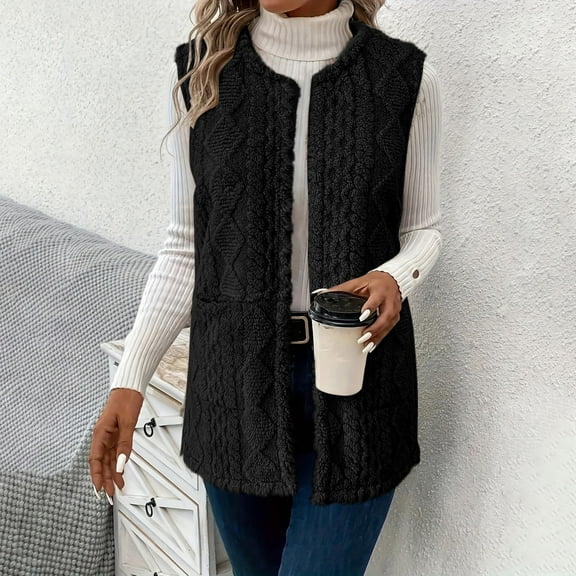 Women's Double-Sided Plush Vest, Solid Color Sleeveless Jacket with Pockets, Casual Quilted Outerwear for Women, Warm Winter Vest without Sleeves, Soft Plush Layering Piece for Fall and Winter Black