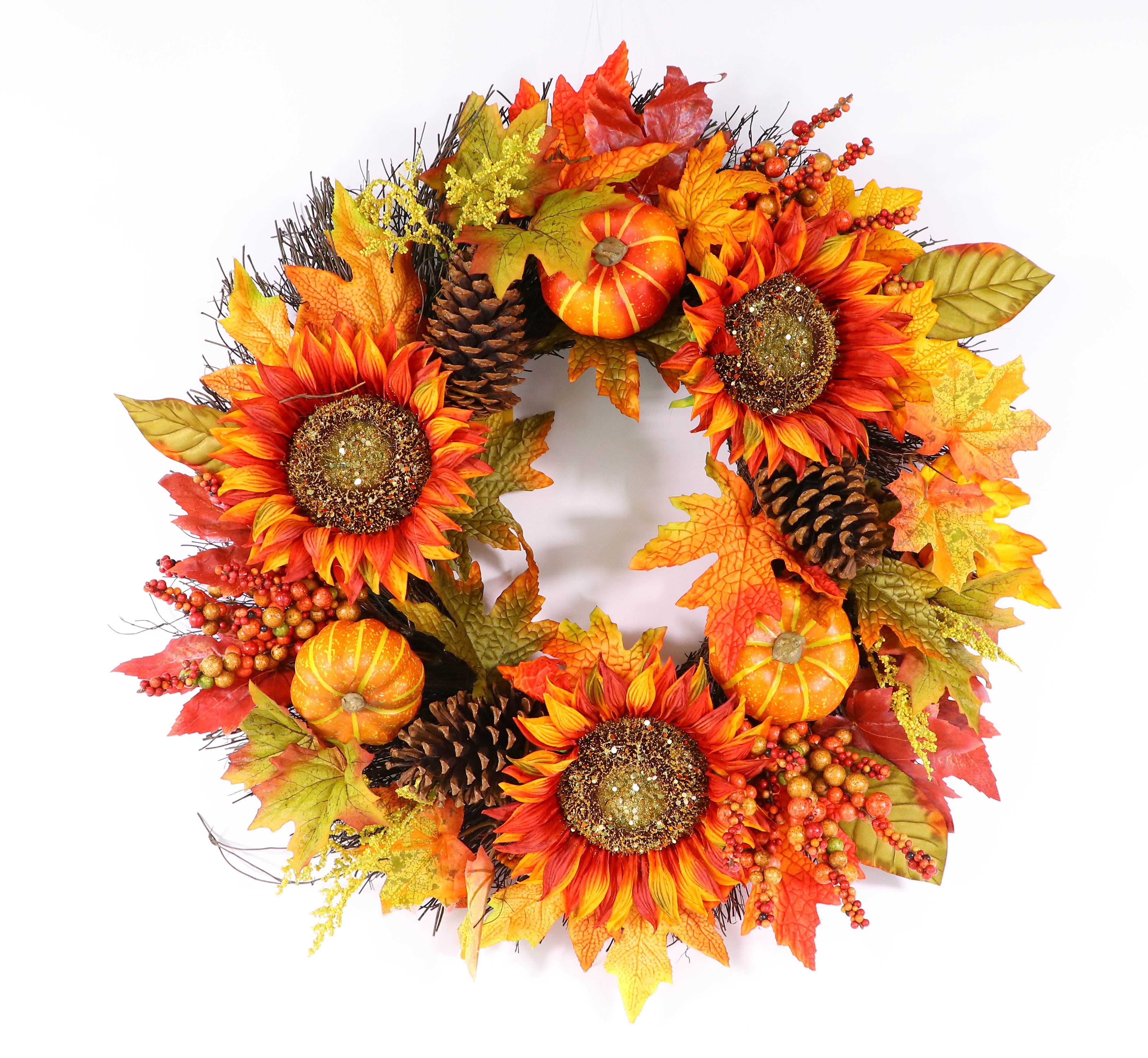 Artificial Fall Flower Wreath,Autumn Wreath with Wooden Welcome Sign Thanksgiving Wreath with Orange Daisies and Ears for Front Door Home Farmhouse Decor and Festival Celebration-20 Inches 