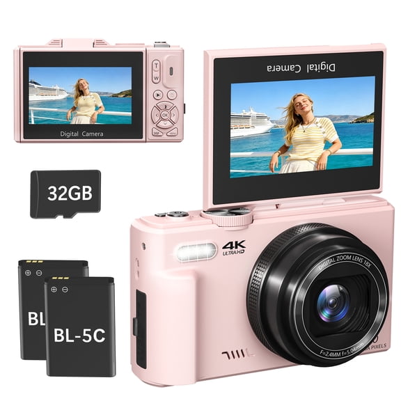 Digital Camera for Beginners 4K 64MP, 18X Zoom Photography Camera Kit with 32GB Card, 2 Batteries, Flip Screen, Pink