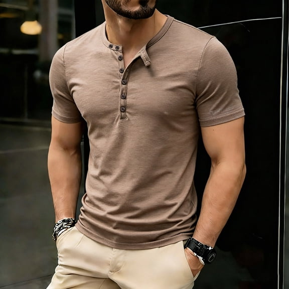 DPTALR Men's Solid Color Henley Shirt,Short Sleeve Button Henley Tee with Waffle Texture,Khaki,Big Men's,Tall Men's L,Young Men's Shirts